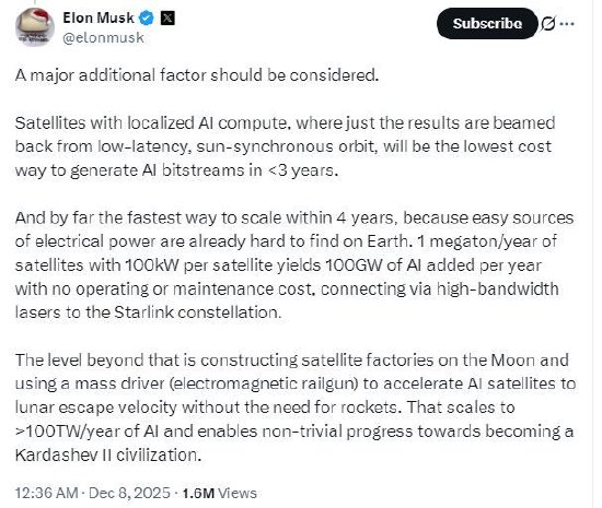 马斯克谈每年发射100万吨AI卫星
